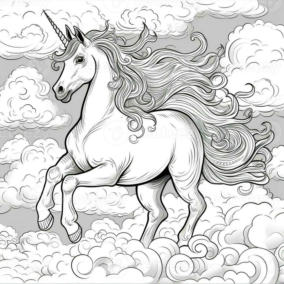 Unicorn Coloring Page - Line Art Style photo