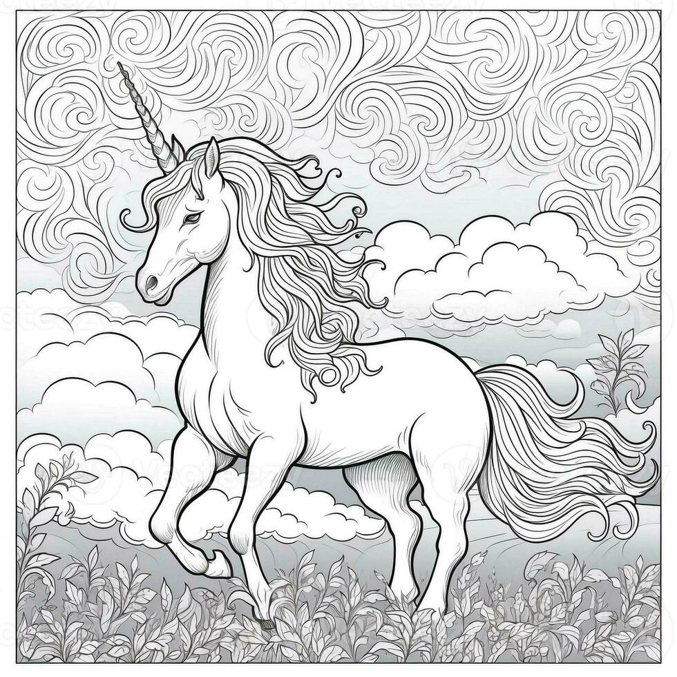 Unicorn Coloring Page - Line Art Style photo