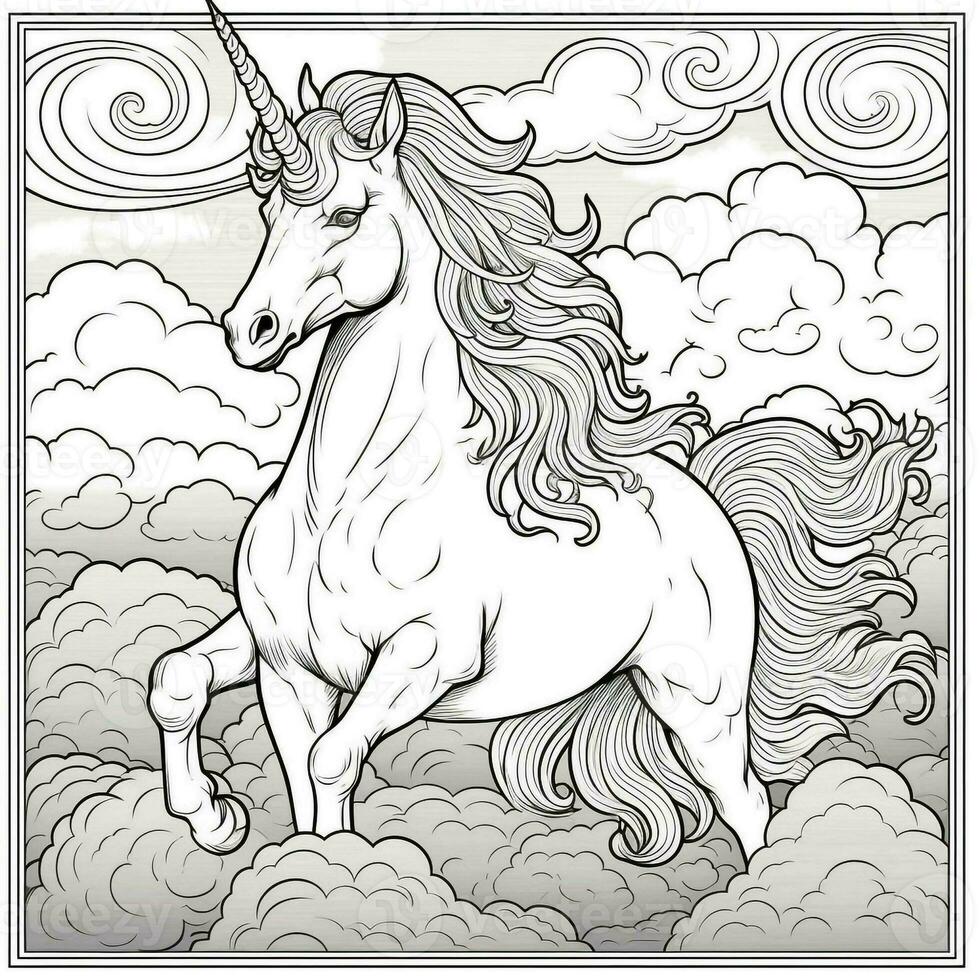 Unicorn Coloring Page - Line Art Style photo