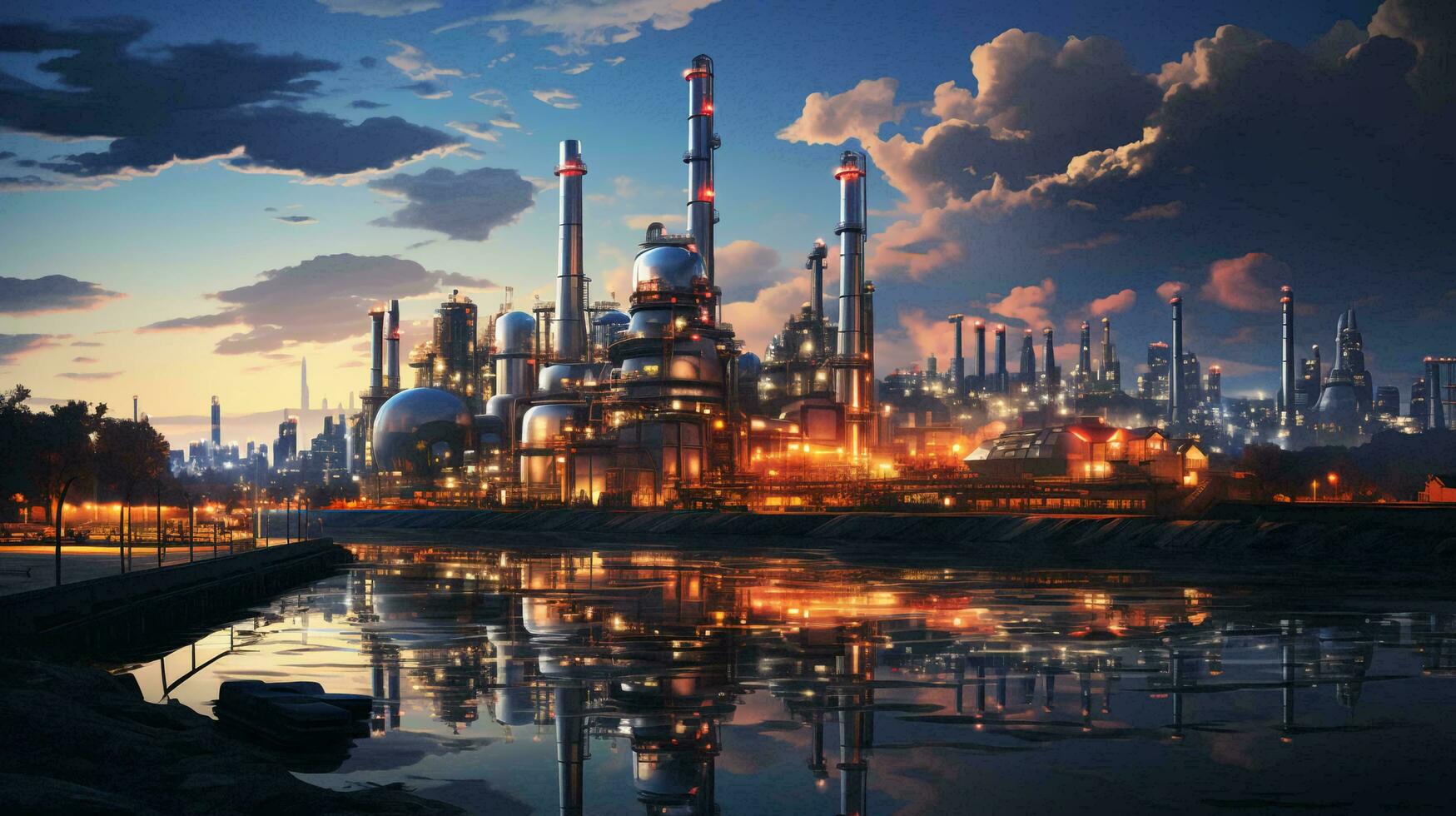 Industrial oil refinery petrochemical chemical plant with equipment and tall pipes at night. AI generated photo