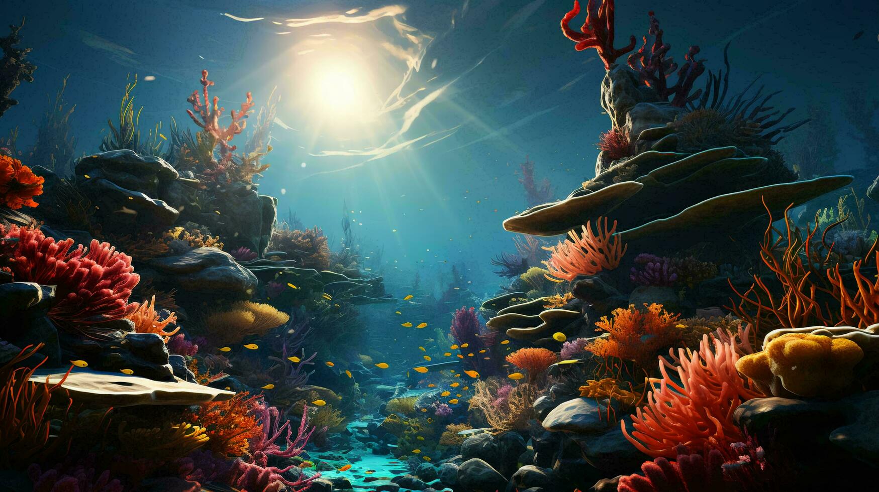 Underwater world with fish and corals. Underwater view of mari fishes and plants. AI generated photo