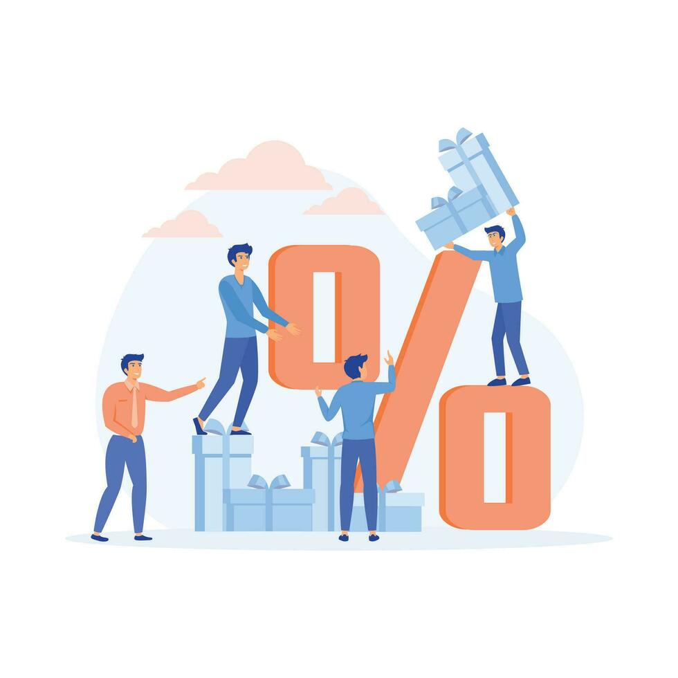 discount sales. happy man and woman buyer characters celebrate big sales in store. flat vector modern illustration