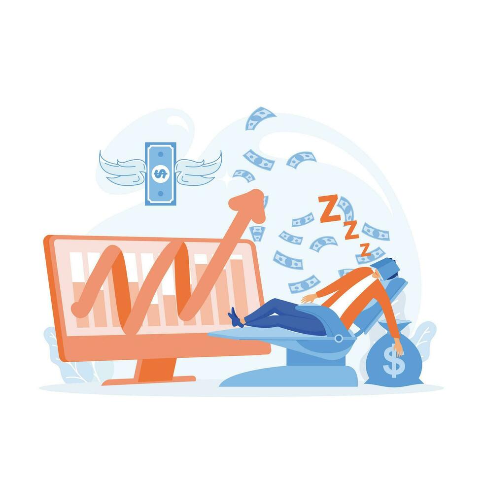 Passive income, earning money while sleeping,  raining money, computer screen show earnings, flat vector modern illustration