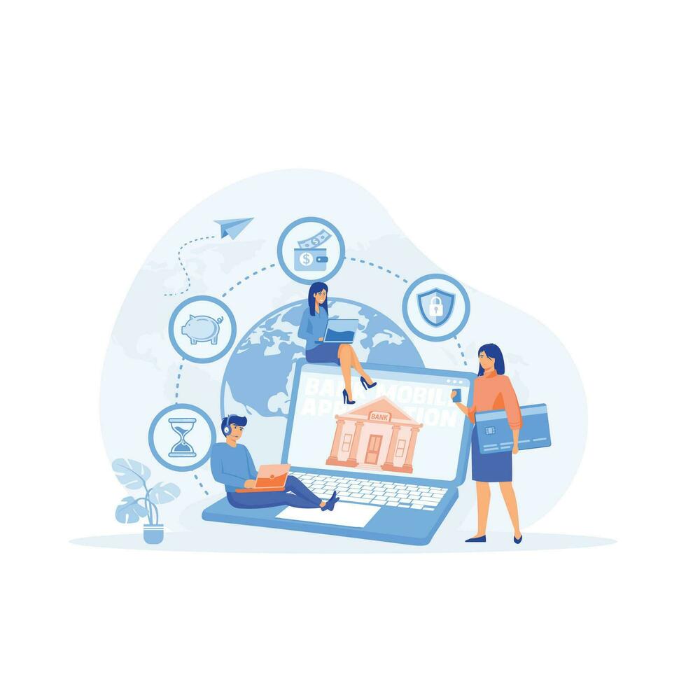 online Internet banking concept,  bank employee help to carry out online payment and savings transactions.  flat vector modern illustration