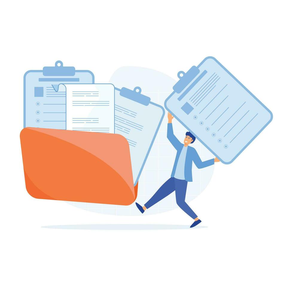 Storage and indexing of information, Businessman adds file to big folder.  flat vector modern illustration