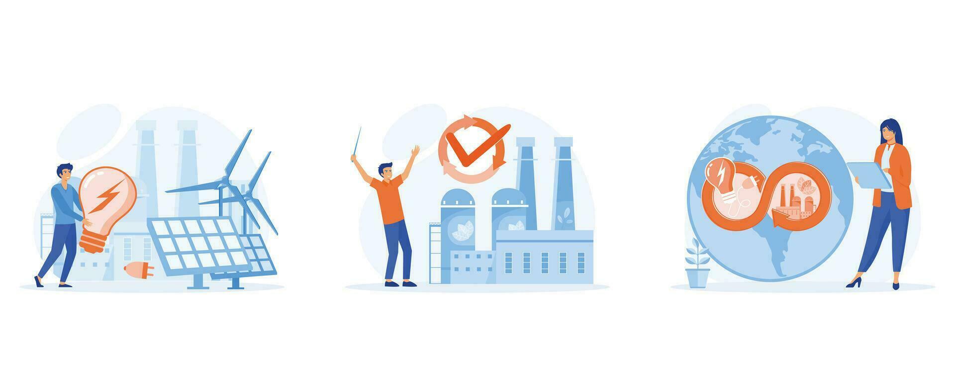 Circular economy concept, Green energy, eco-industrial development and manufacturing, set flat vector modern illustration