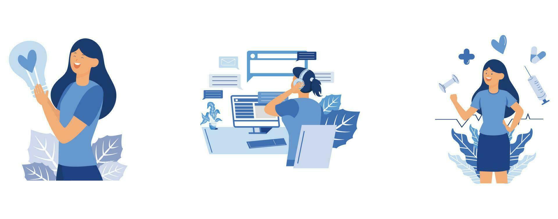 Business idea concept. Creative woman finding solution, support service, hotline. Operator in headset talking to customers, Happy healthy woman caring about heart wellness, vector