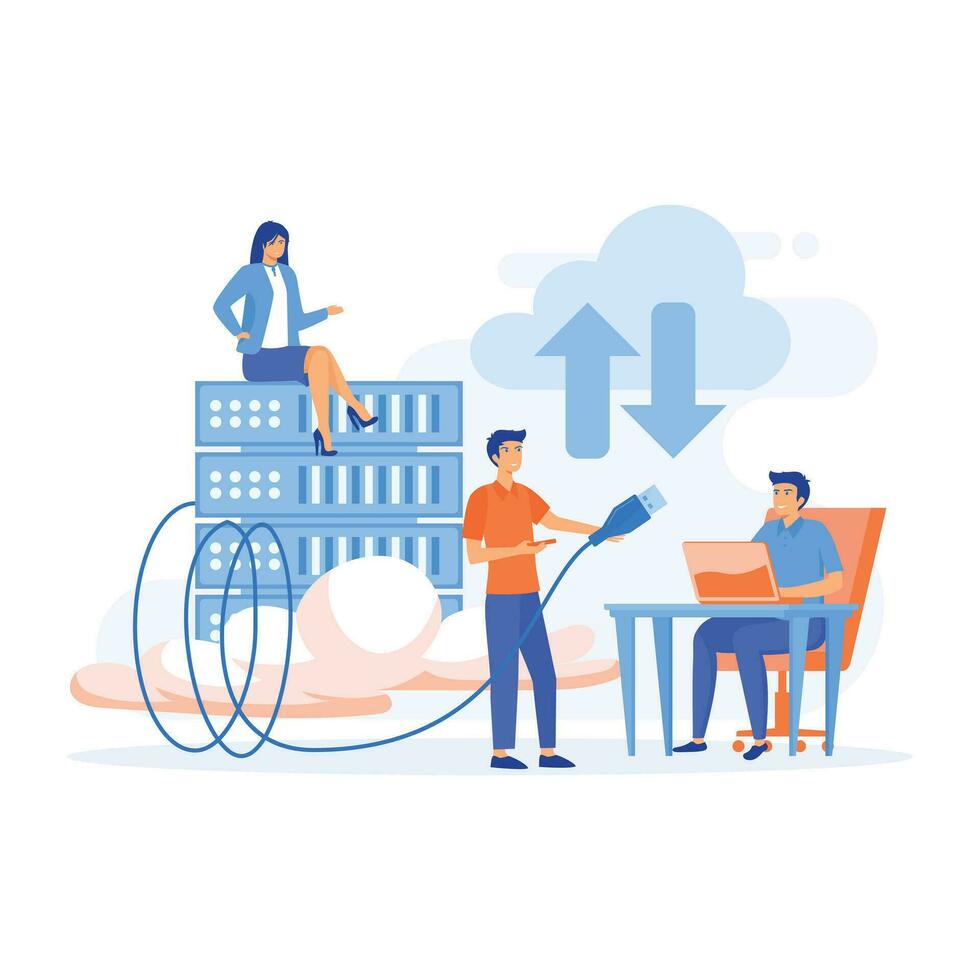 Users work with a cloud service platform, Working process, teamwork communication, flat vector modern illustration