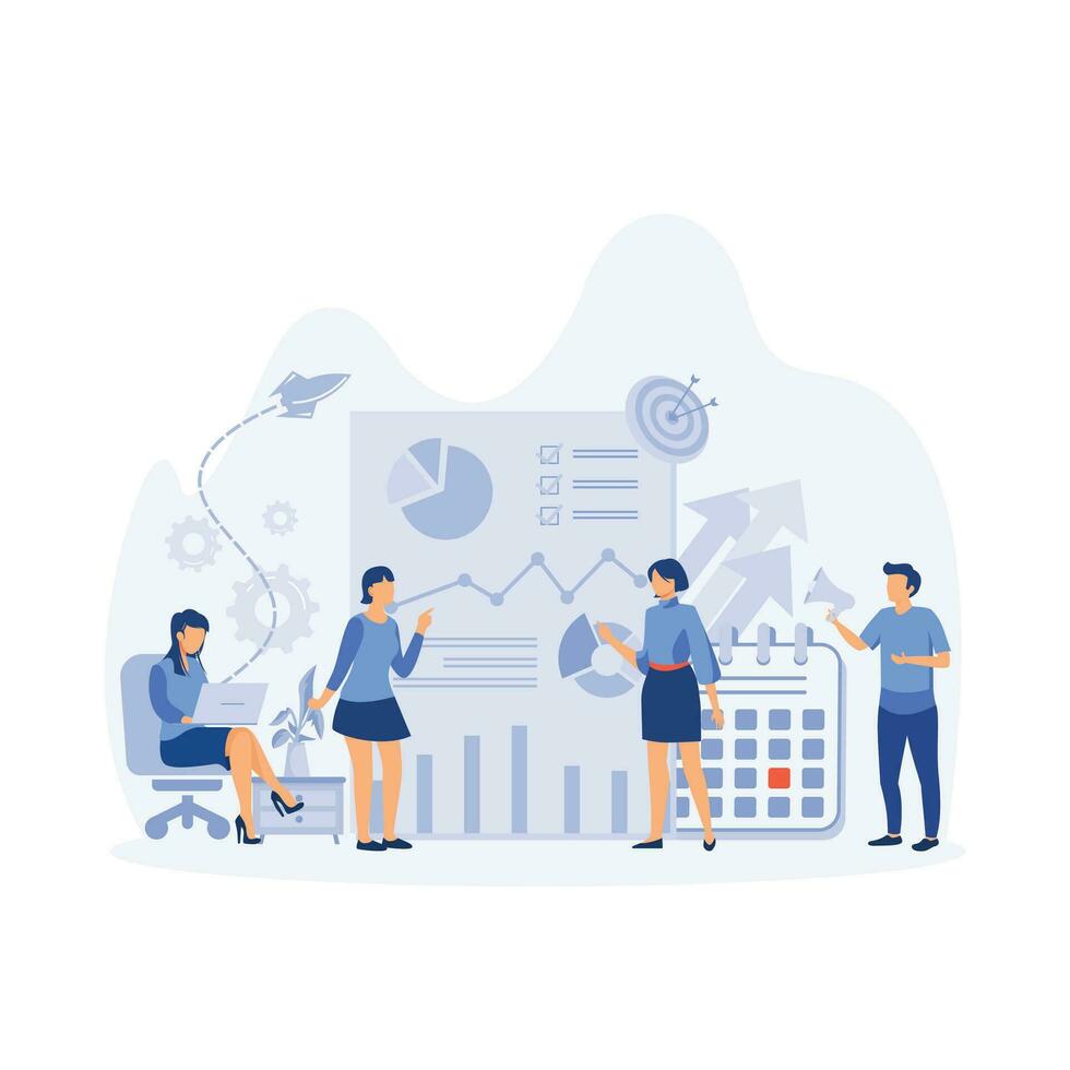 teamwork communication. People work together making a plan on a board, Business planning. Business planning.  flat vector modern illustration