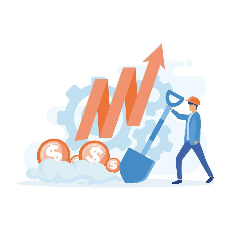 Active income, Businessman stands with shovel and digs out money,  flat vector modern illustration