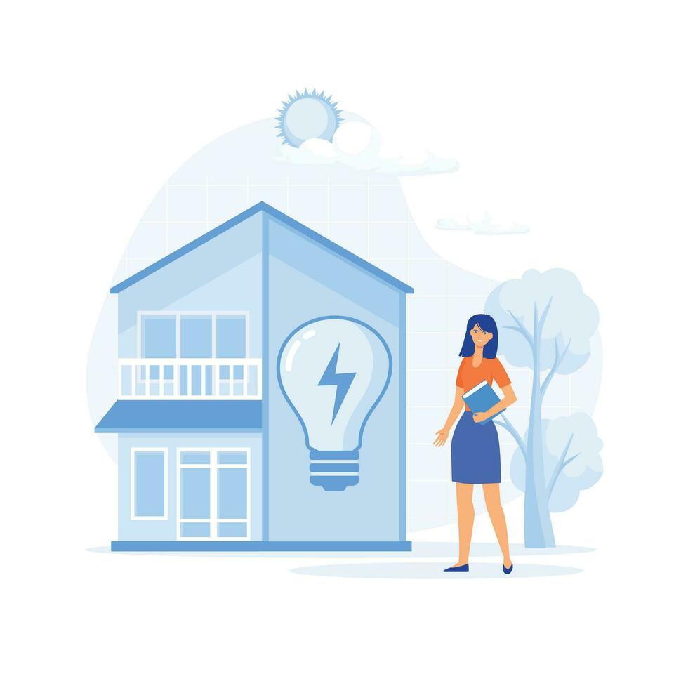 Sustainability,  Power save concept. Characters using energy efficient devices, paying less and saving money. flat vector modern illustration