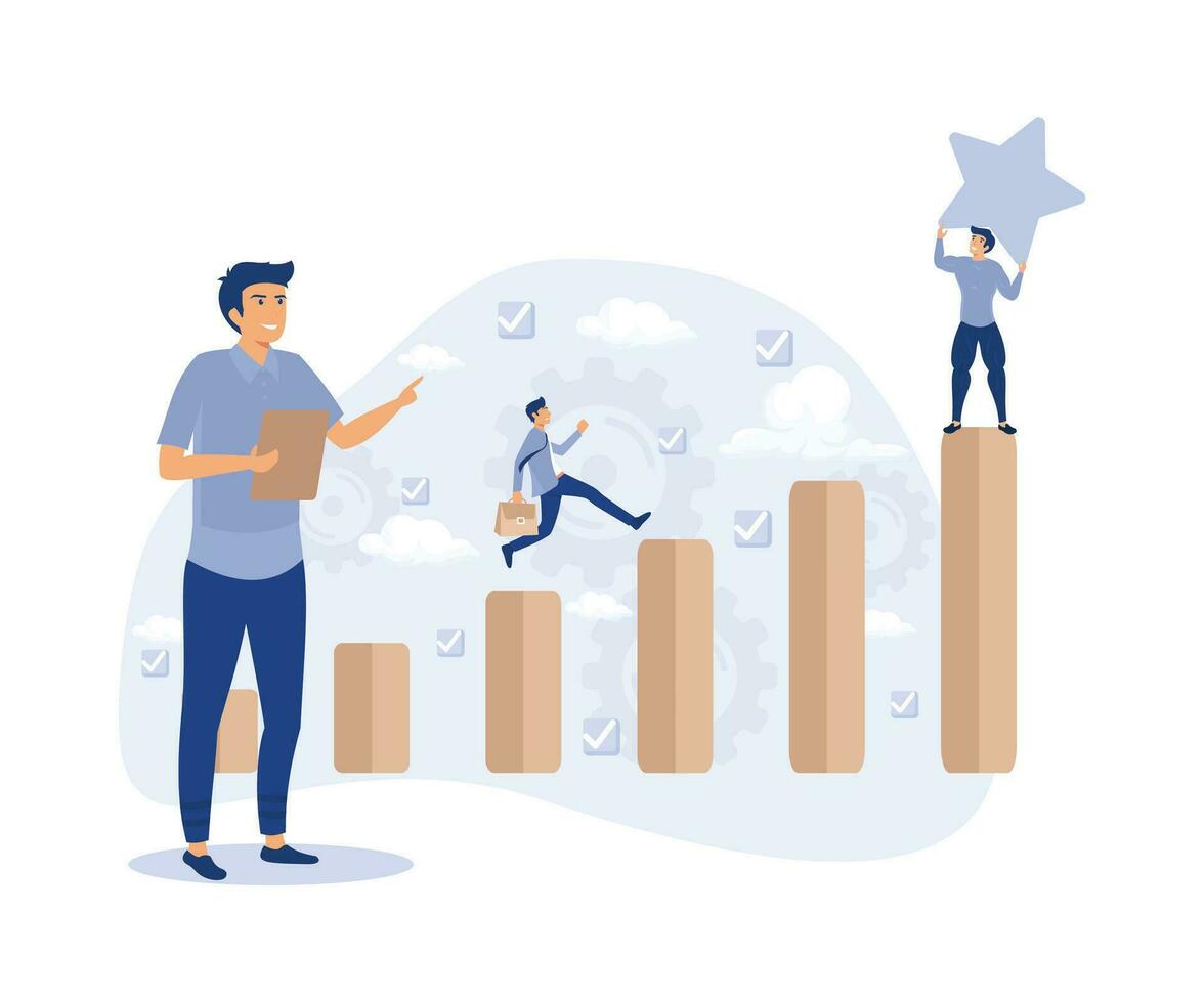 Performance increase ways,  Motivation and self discipline, goal achievement. Time management, self management, productivity metaphors, flat vector modern illustration