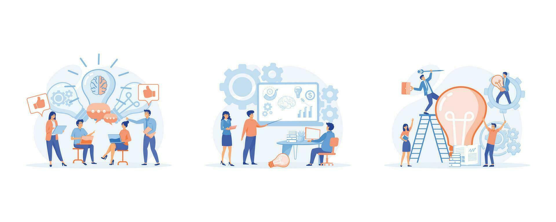 Sharing and search business ideas. Team project, brainstorm, Success managers team, set flat vector modern illustration