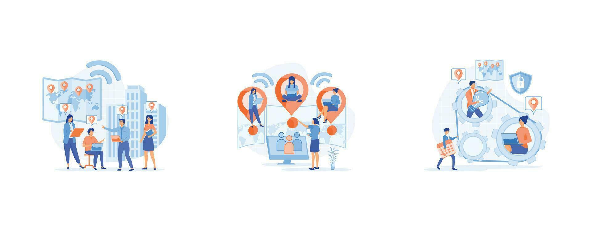 Outsourcing company concept. Company with remote management, Software outsourcing composition,  Idea of teamwork and project delegation. set flat vector modern illustration