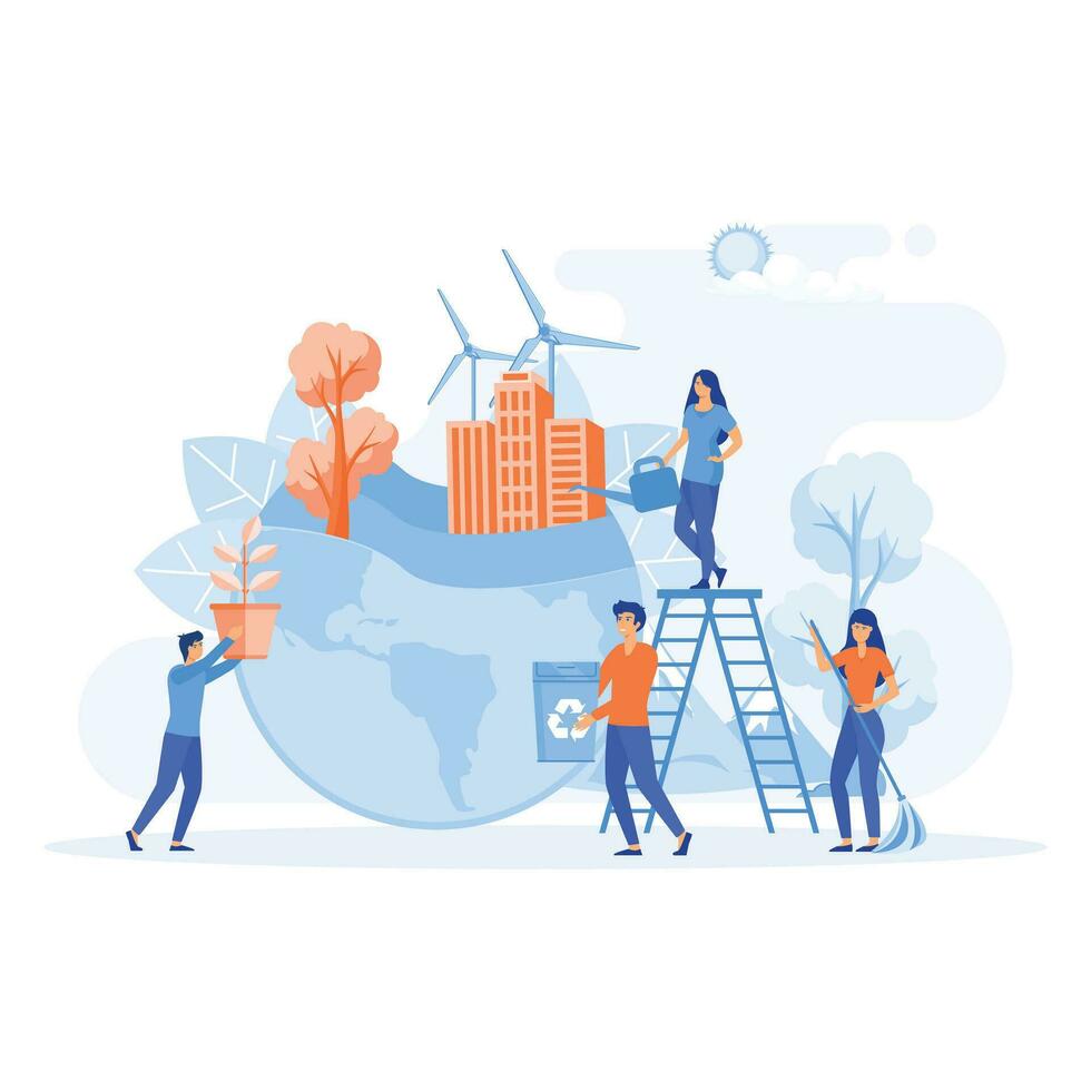 Ecology concept. People are preparing for the holiday, saving the planet, World Environment Day. flat vector modern illustration