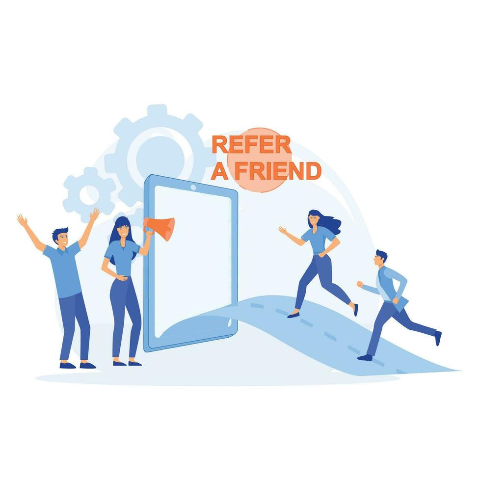Refer a friend concept, Man and Women get out of the smartphone with megaphones to refer a friend, flat vector modern illustration