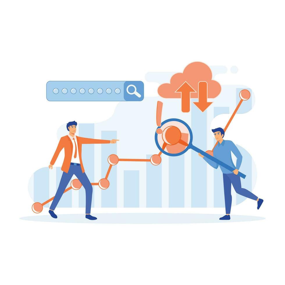 Big Data and Cloud Computing, Business characters using remote servers to analyzing large sets of data and recognizing mistakes, flat vector modern illustration