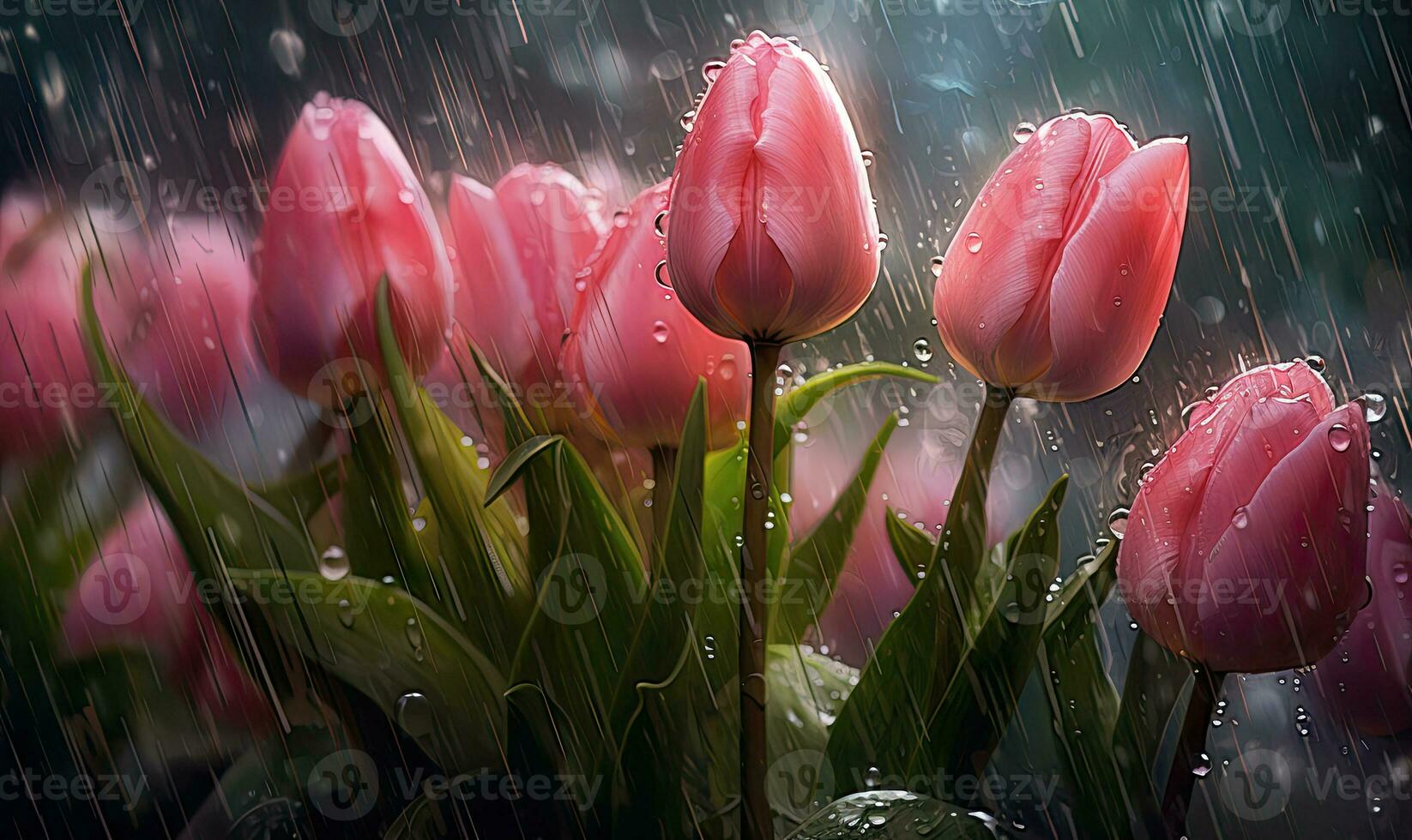 Pink tulips with drops water wallpaper. Beautiful flower background. For banner, postcard, illustration. Created with generative AI tools photo