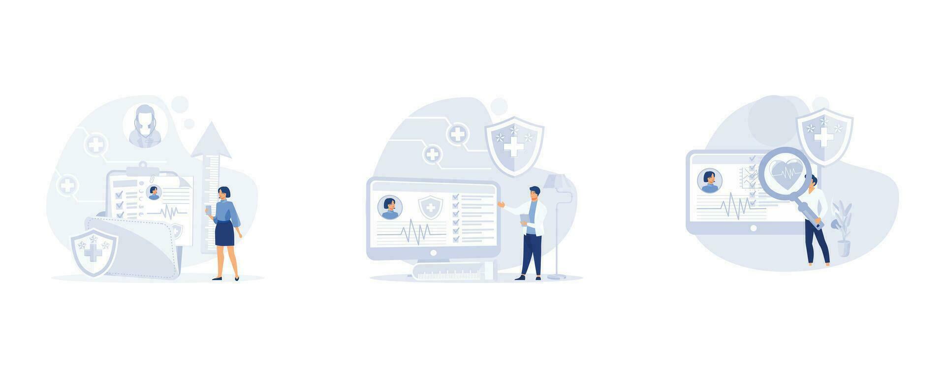 Medical history and health record paper for hospital doctor, E-health system for data and information collection. cardiogram and health indicators for monitoring. set flat vector modern illustration