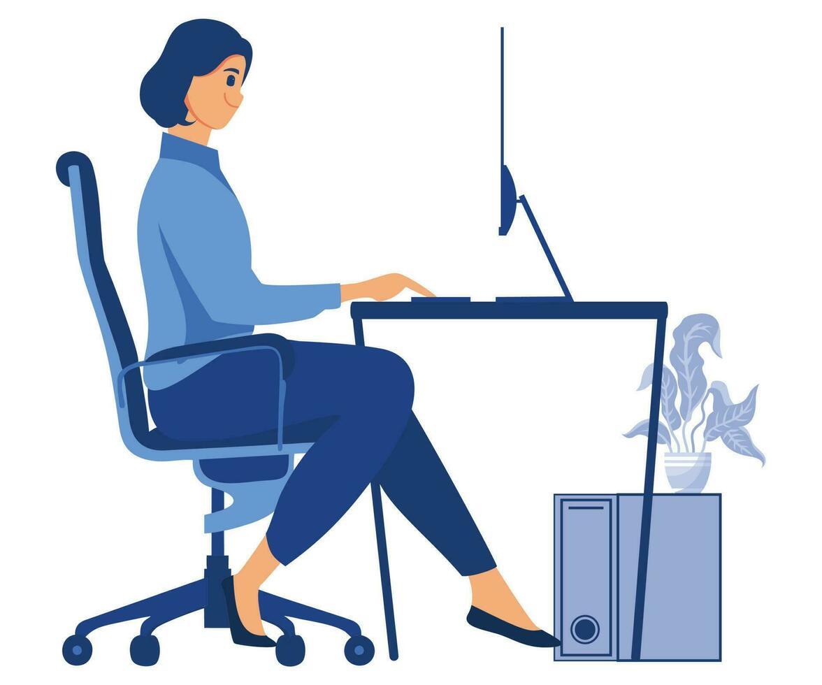 incorrecto postura para sentado a computadora escritorio, cuello poses de mujer a lugar de trabajo, plano vector moderno ilustración