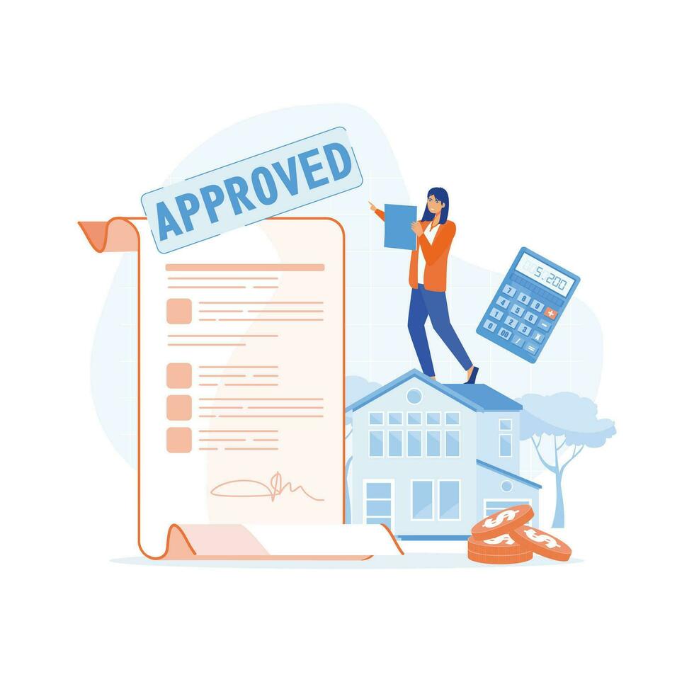 Mortgage process, People buying property with mortgage. Characters getting bank approval, flat vector modern illustration