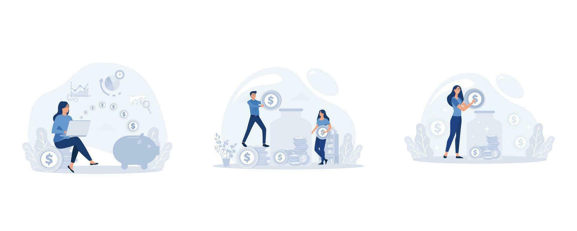 Finance Savings Concept,  Man and woman inserting cash into glass jar, Saving or accumulating money concept for finance management services and applications, set flat vector modern illustration