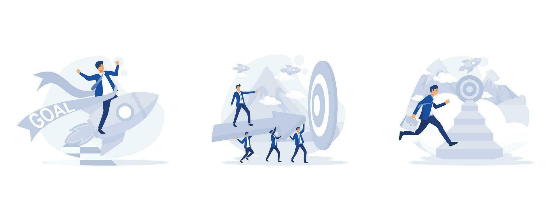 business concept, businessman breaking target archery to Successful, Businesspeople Team Carry Huge Arrow, Businessman running up stairway to the target, set flat vector modern illustration