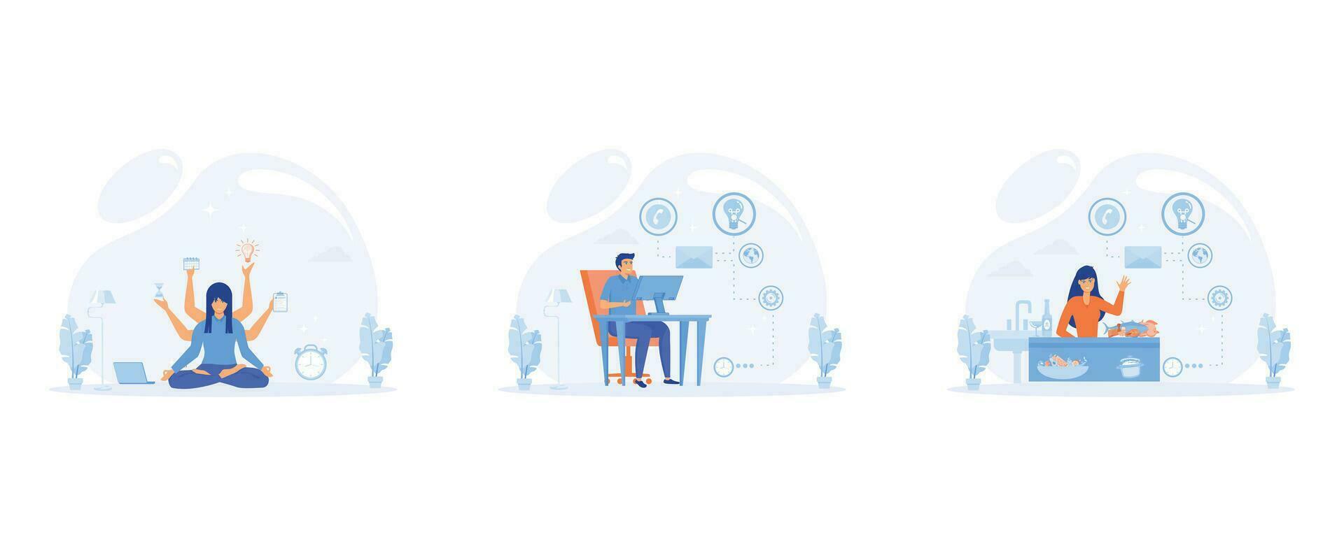 Multitasking. Time management. house work and business career. Overloaded person in pressure. set flat vector modern illustration