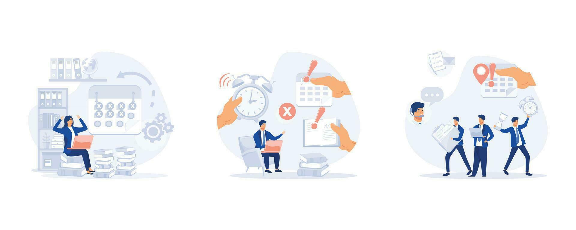Overworked businesswoman, Man overwork in office, A Tired Man Missing Deadline, set flat modern vector illustration
