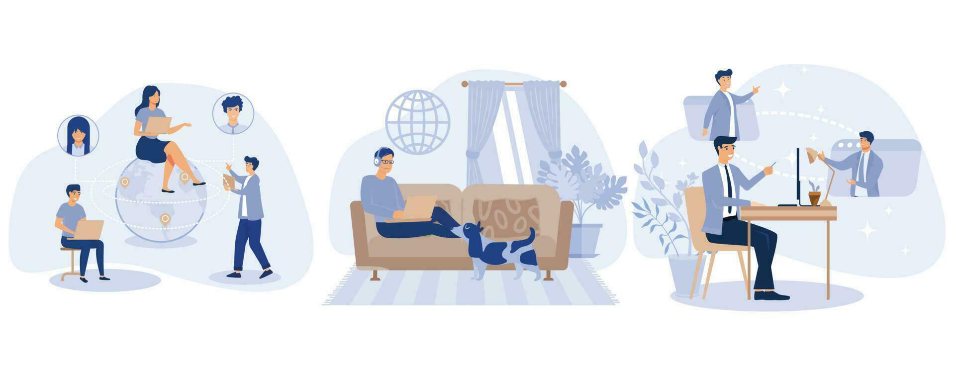 Distance working concept,  Outsourcing, work home office, online conference, freelance job, team digital meeting, IT business, internet platform, set flat vector modern illustration