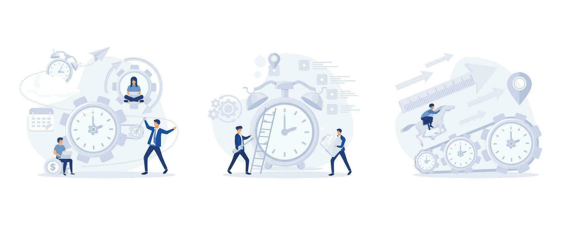 Time management, control, quick reaction awakening vector, Businessman run along gear in form of clock, set flat modern vector illustration