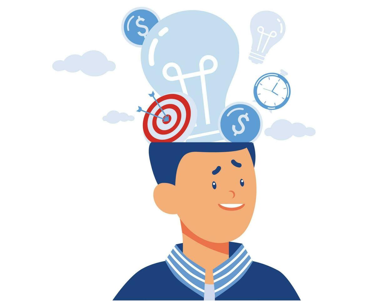 head idea light bulb creative thinking goal. brainstorming thought process, project team leader thinks out of the box to solve problems and find answers, flat vector modern illustration