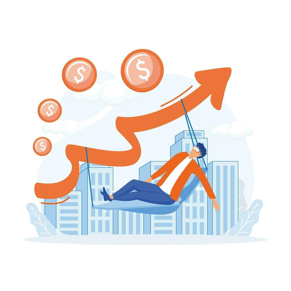 Passive income from crypto or stock, Businessman investors relax and sleep on cribs and growing graphs. flat vector modern illustration