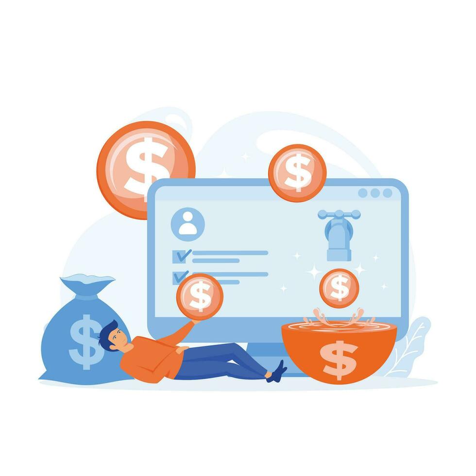 man getting paid from online work, person relaxing with computer paying money in her wallet, flat vector modern illustration