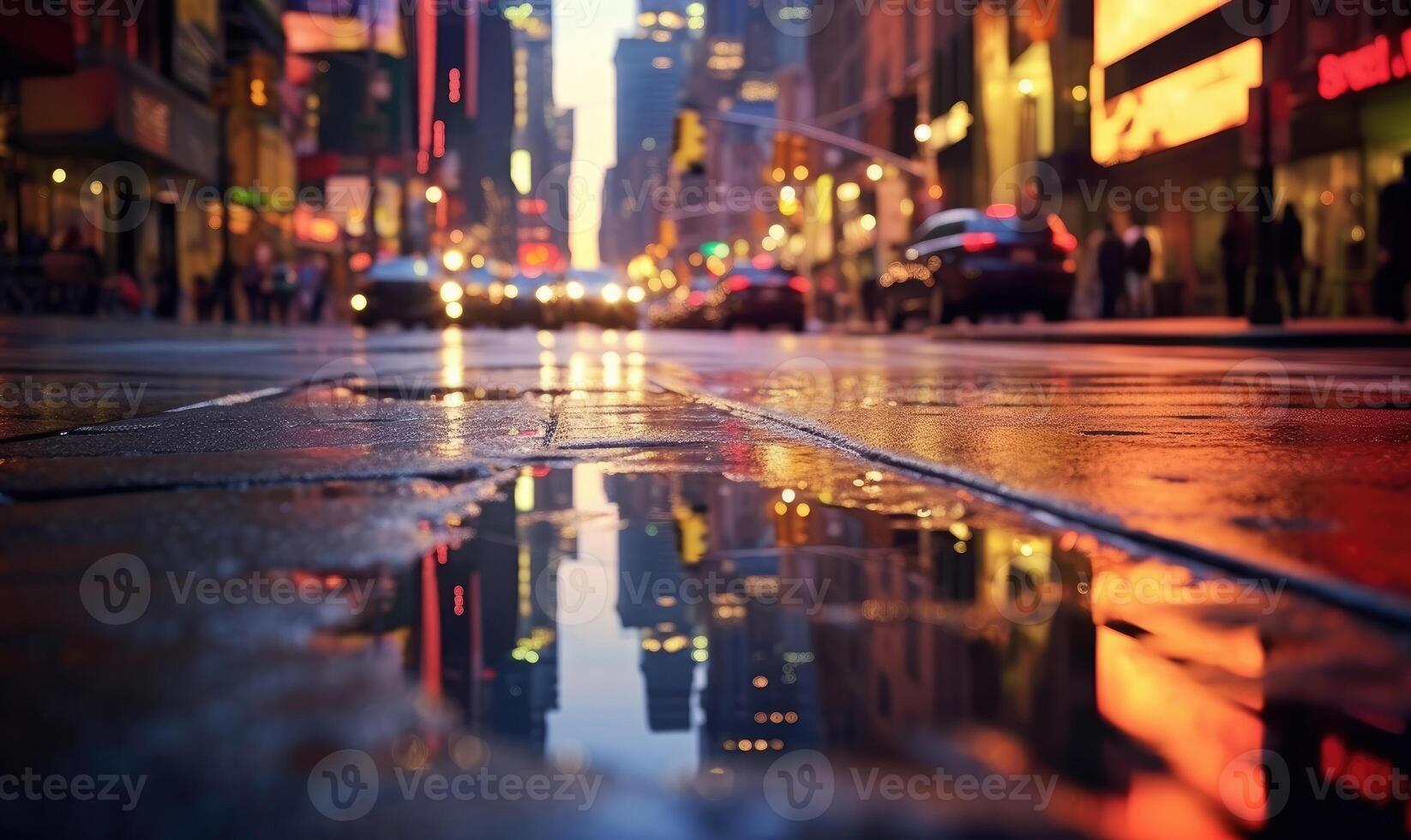 Wet road made of paving stones. Road, light, rain. background. For banner, postcard, book illustration Created with tools photo