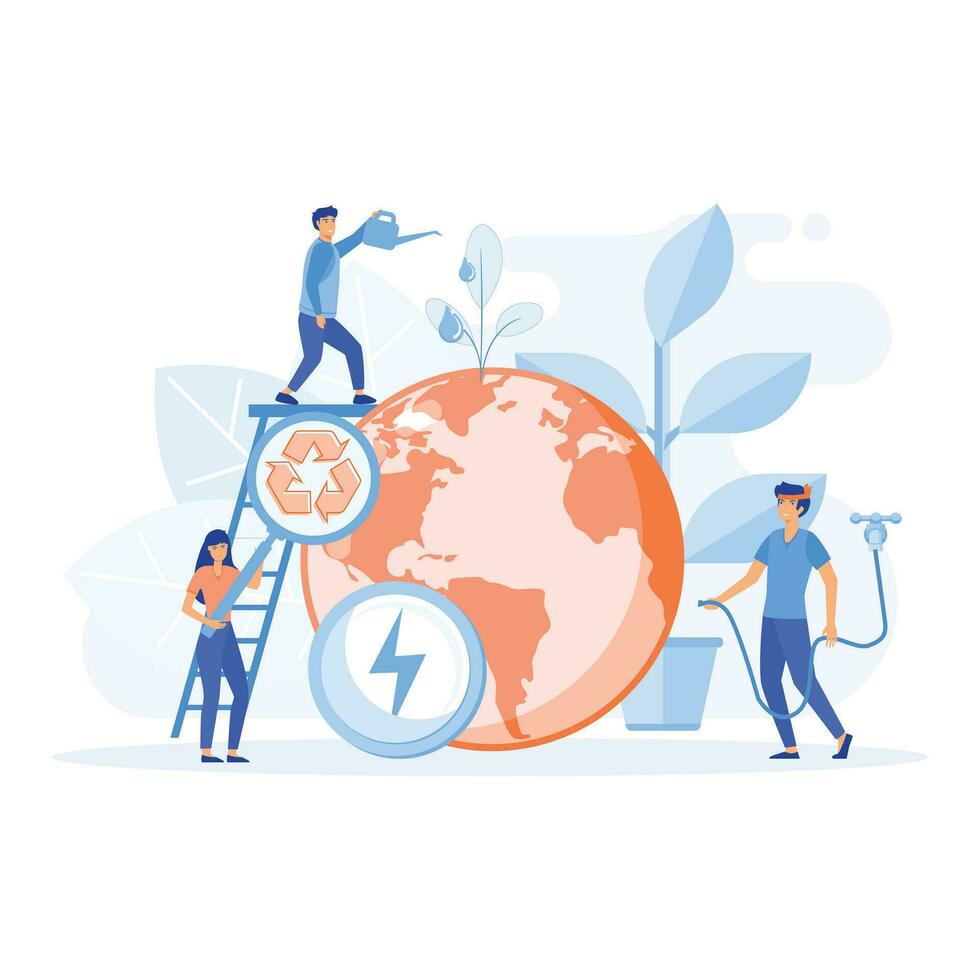 Ecology concept. People take care about planet ecology. Globe with trees, plants and volunteer people. flat vector modern illustration