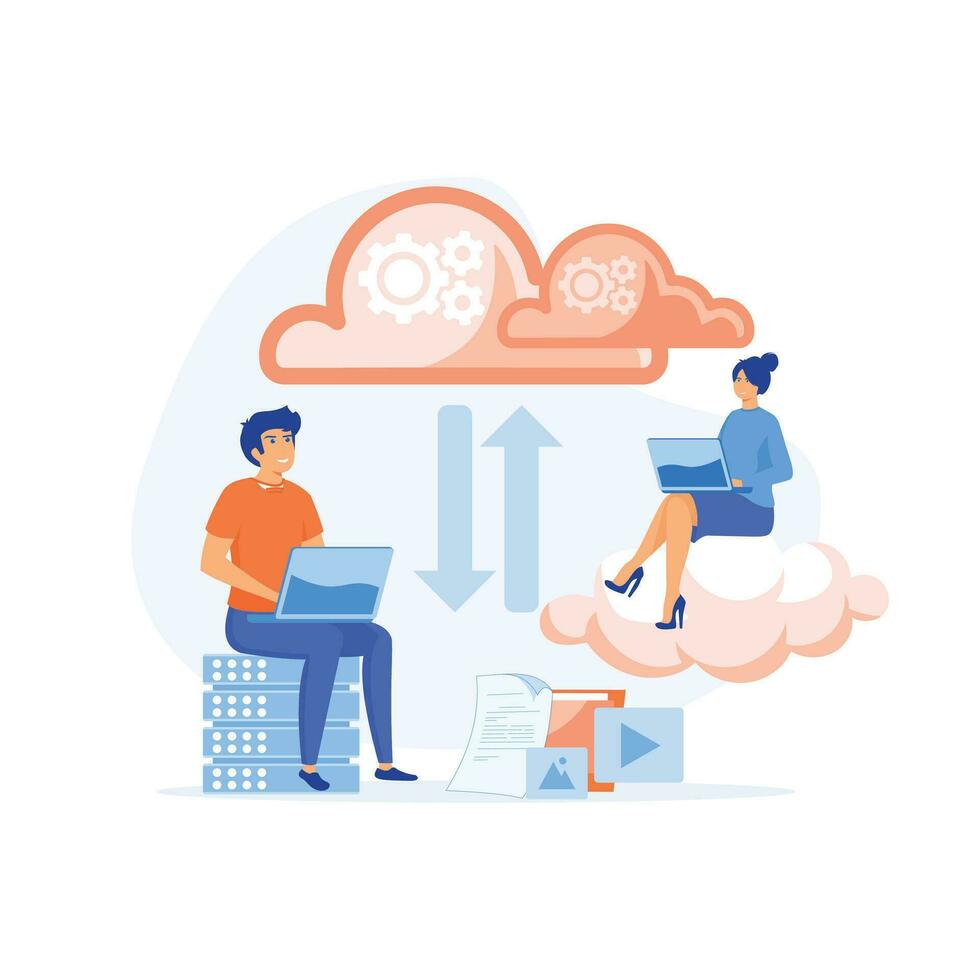 Cloud computing concept, Man and woman processing information at laptops using cloud technology, flat vector modern illustration