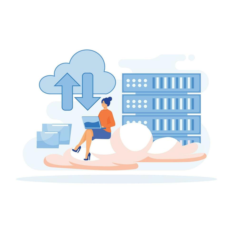 Big Data and Cloud Computing, Business characters using remote servers to analyzing large sets of data and recognizing mistakes, flat vector modern illustration