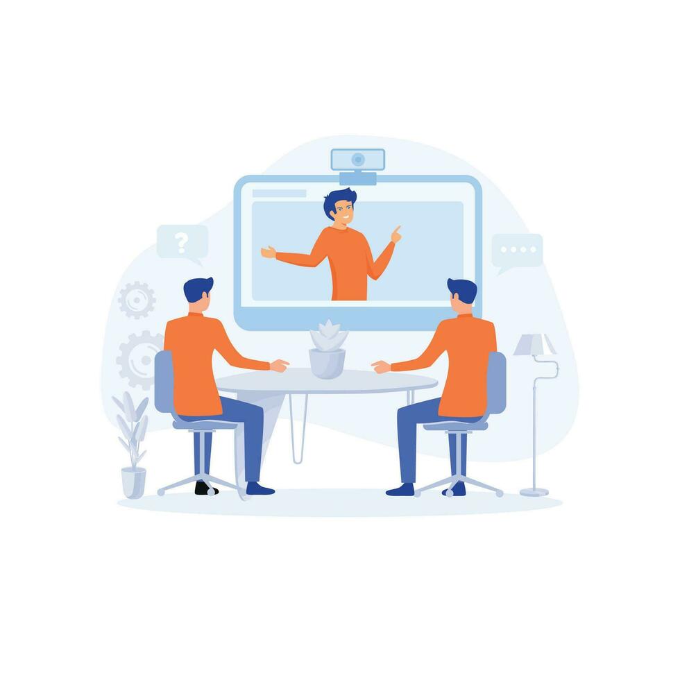 Consulting and training concept. Business team at the video conference call in boardroom, flat vector modern illustration