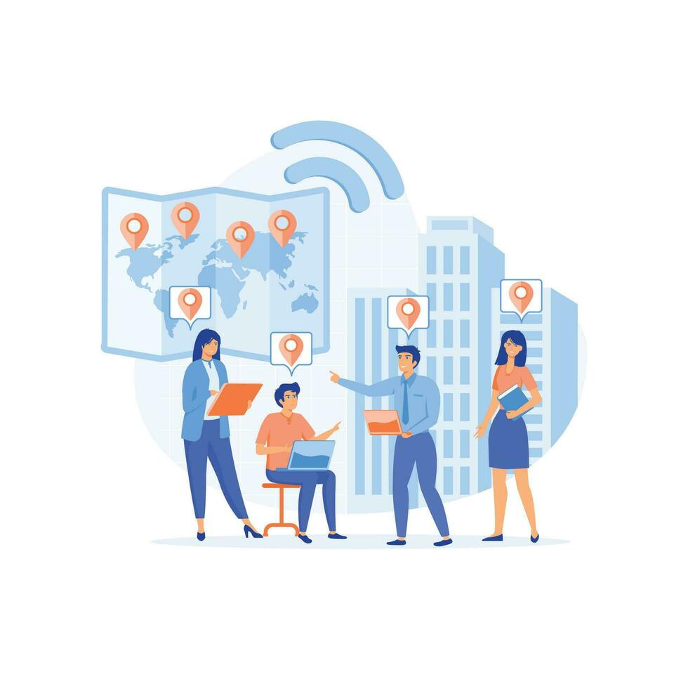 Outsourcing company concept. Remote workers work together on project scene. flat vector modern illustration