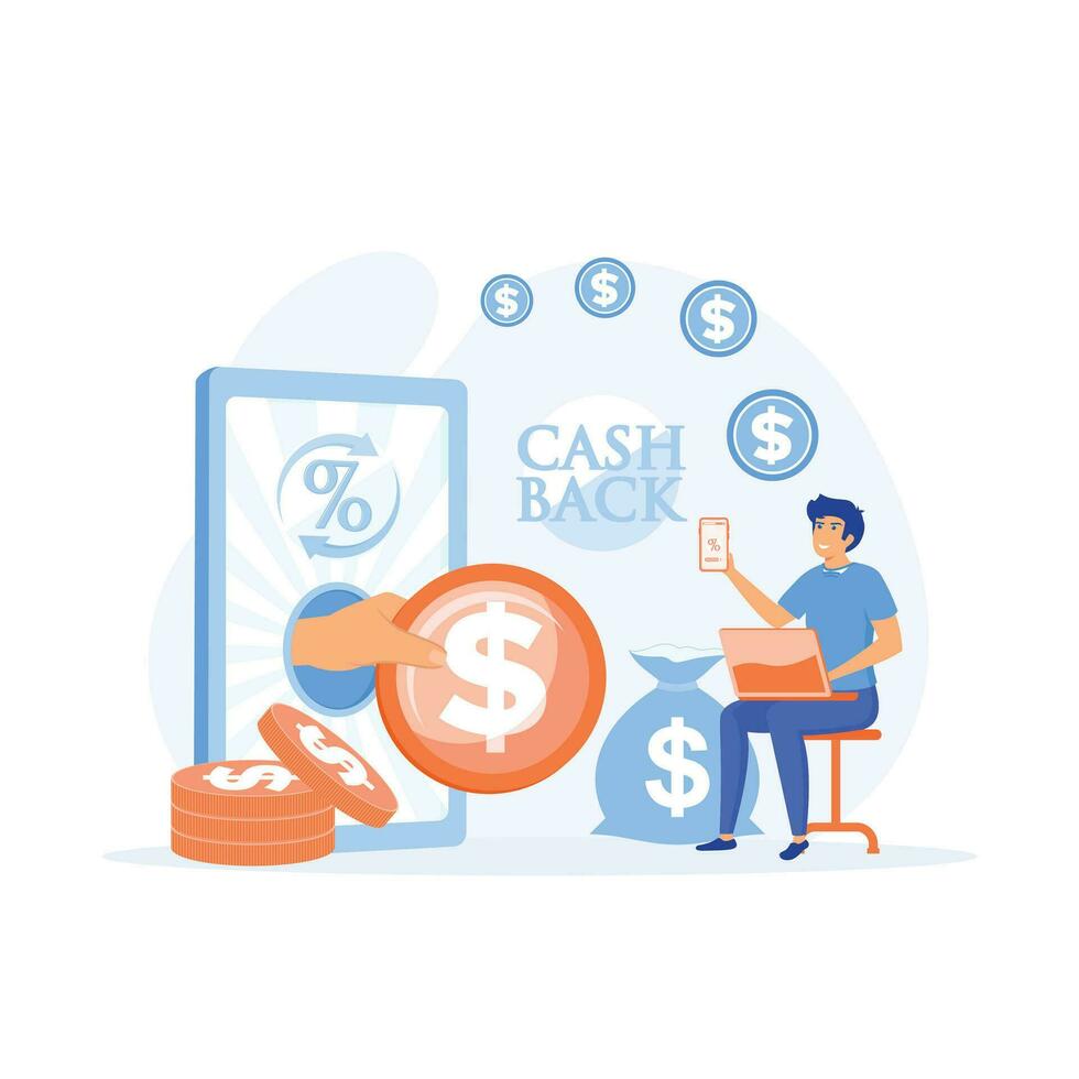 Cashback concept - man with smartphone. money goes in a money bag. flat vector modern illustration