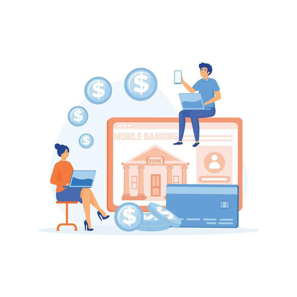 finance digital transformation concept.people with laptop and financial digital transformation. Open banking platform.  flat vector modern illustration