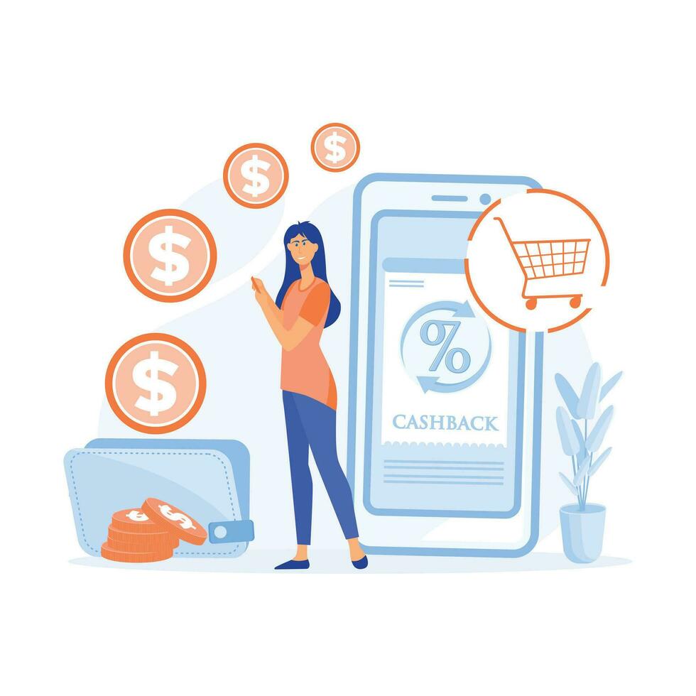 Banking system cashback on Internet. cash from purchases from online store to large wallet. flat vector modern illustration