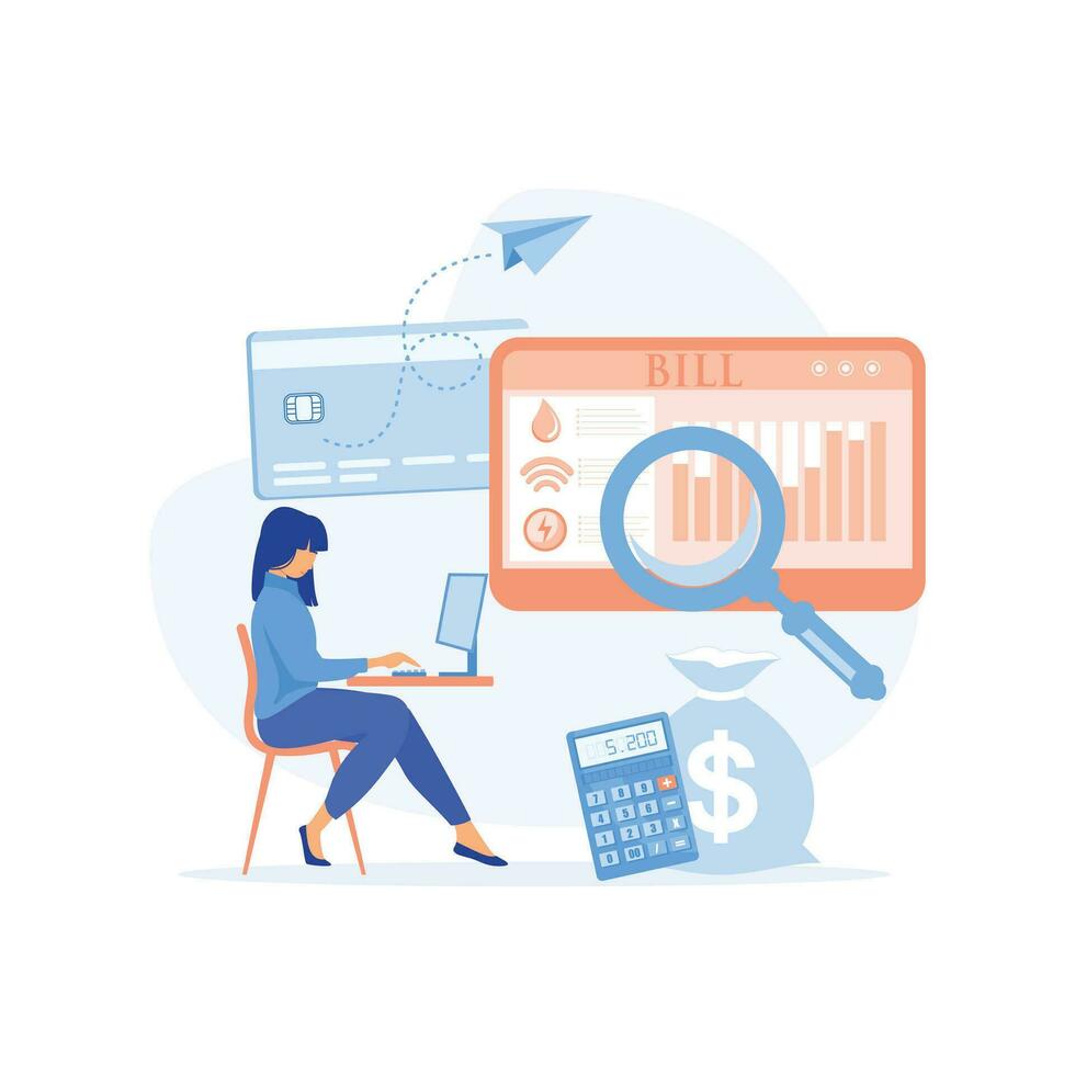 woman checking and paying utility bills online on her computer, she is checking the statement. flat vector modern illustration
