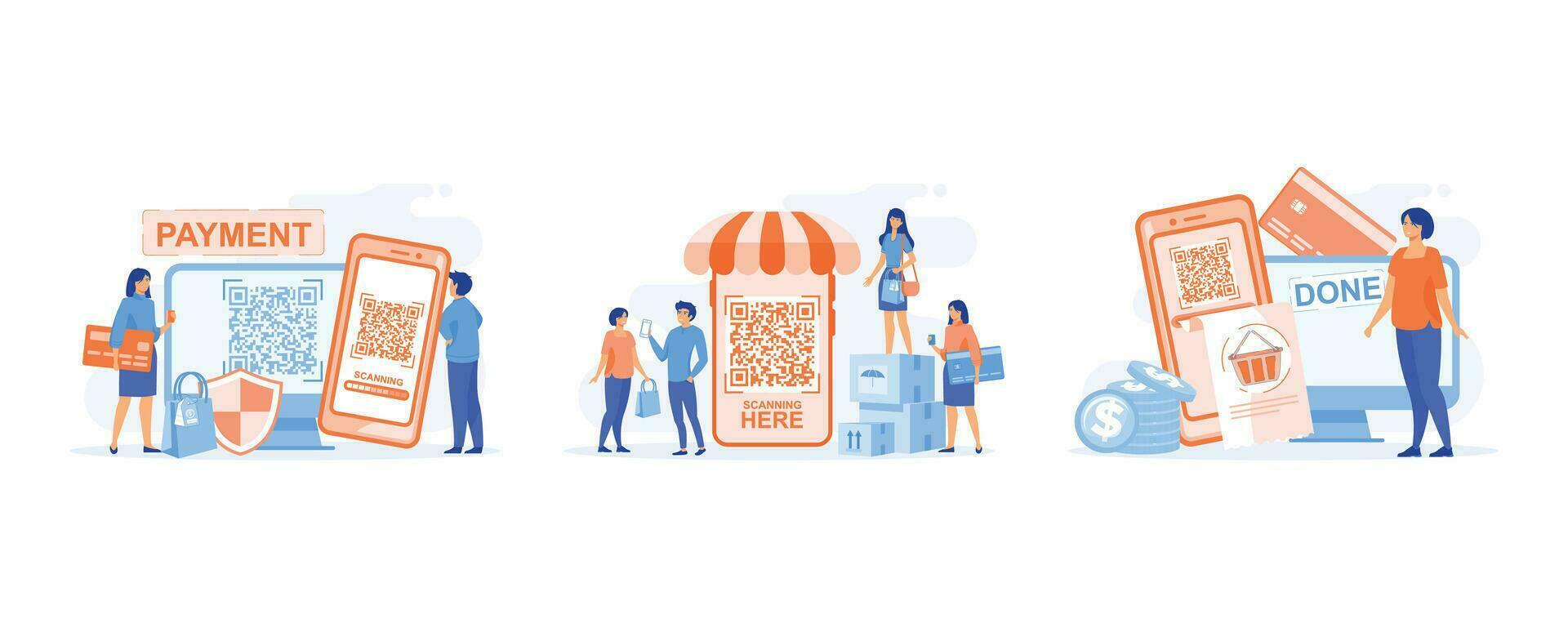 Online payment and wallet, scanning barcode  for online shopping and payment. Payment Aproved, set flat vector modern illustration