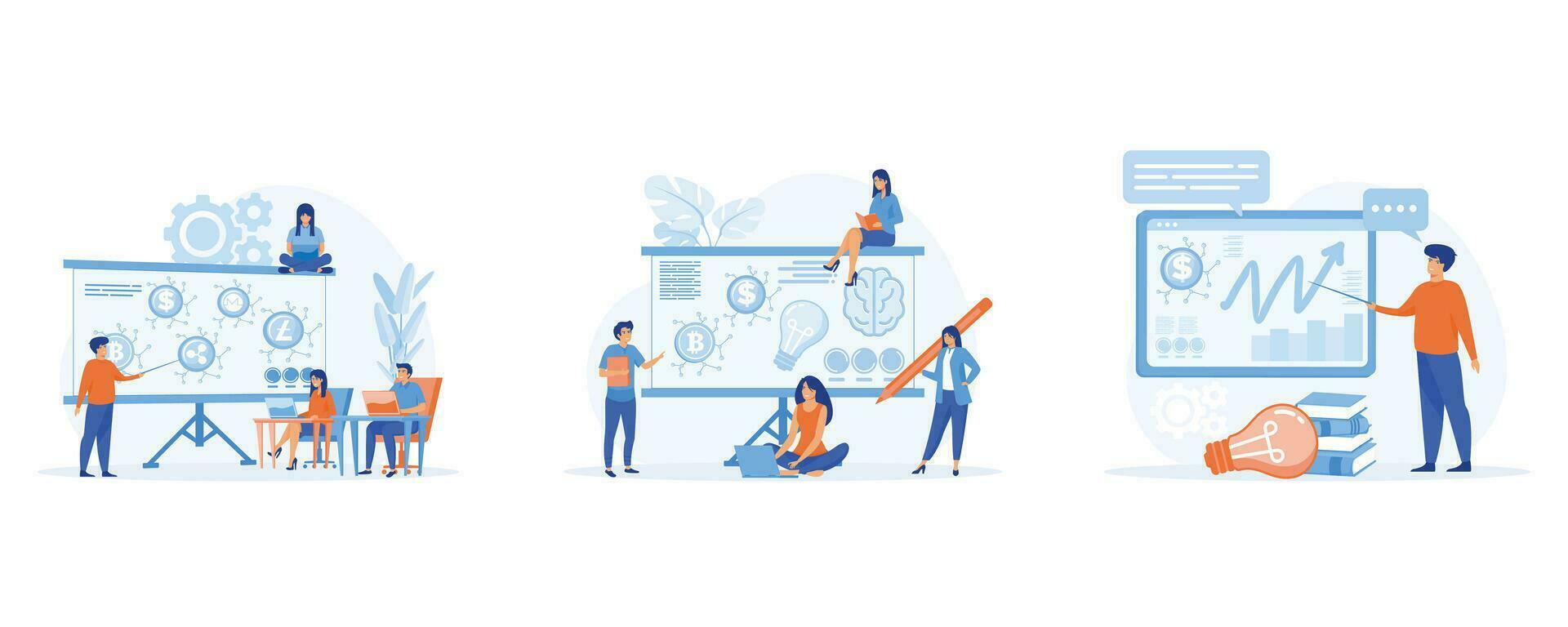 Financial literacy education and cryptocurrency, Finances, online education, analyzes statistics and manages money. set flat vector modern illustration