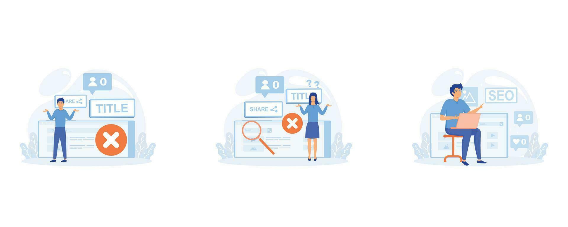 Blog promotion mistake. Ineffective keywords analysis. Content production without SEO content audit. set flat vector modern illustration