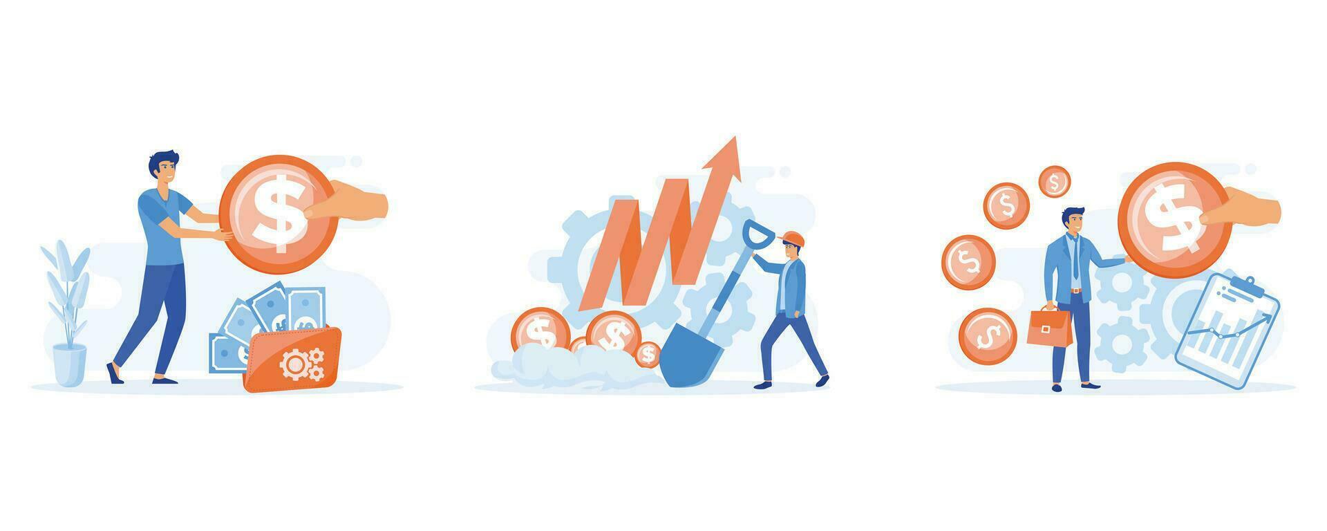 Salary Payment, active income, Idea of financial growth and business development. planning profit making strategy, set flat vector modern illustration