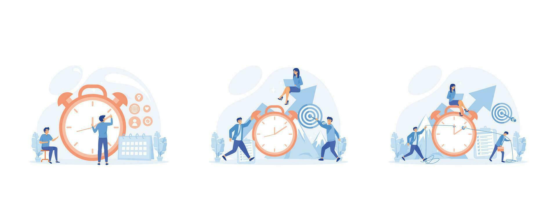 hora administración negocio estrategia, diario rutina productivamente a alcanzar meta, proyectos y plazos conjunto plano vector moderno ilustración