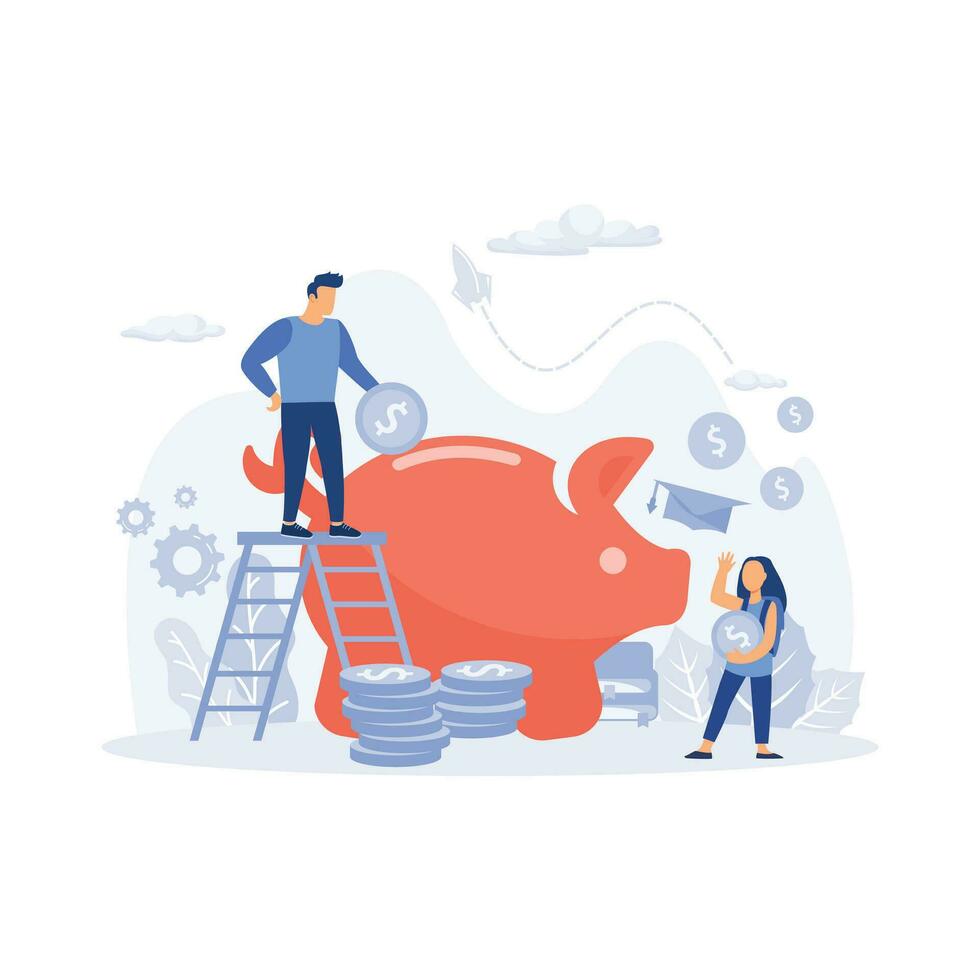 investment concept. man putting coin in piggy bank, saving money for education.  flat vector modern illustration